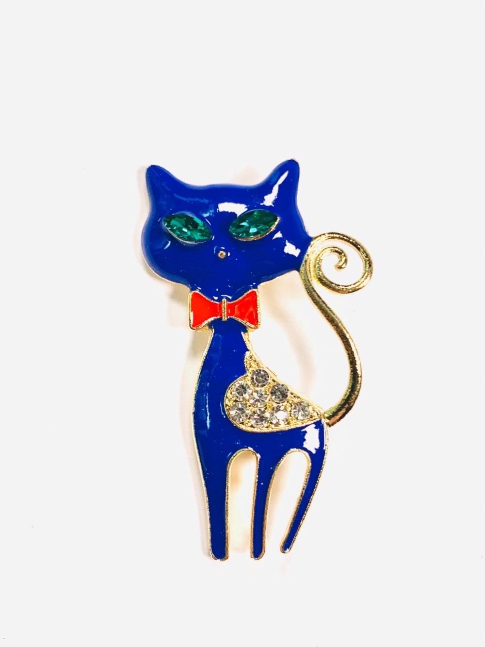 Brooch Blue Enamel Sleek Cat Sparkly Green Eyes Red Bow Whimsical Witchy Goth